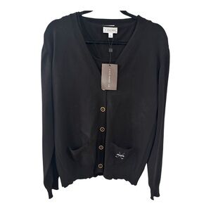 NWT 2 pc St. John Black V-Neck Button Cardigan w Logo Pocket & Tank Sz XL/L